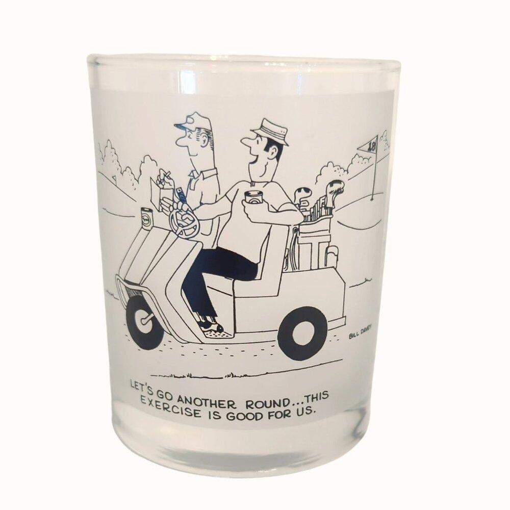 Vintage Bill Davey 70s Golf Theme Comic Cartoon Whiskey Barware Frosted/Clear Gl